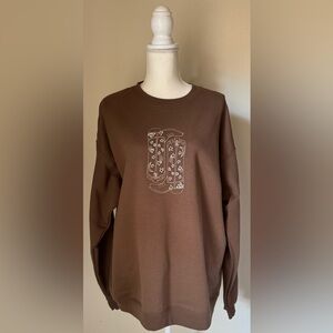 Hanes EcoSmart Brown Sweatshirt with Embroidered Cowgirl Boot Graphic | Large